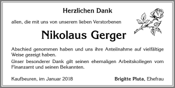 Traueranzeige von Nikolaus Gerger von Allgäuer Zeitung, Kaufbeuren/Buchloe