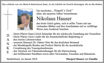 Traueranzeige von Nikolaus Hauser von Allgäuer Zeitung, Füssen