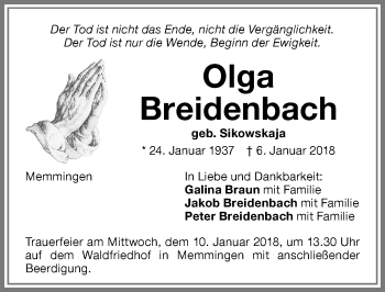 Traueranzeige von Olga Breidenbach von Memminger Zeitung