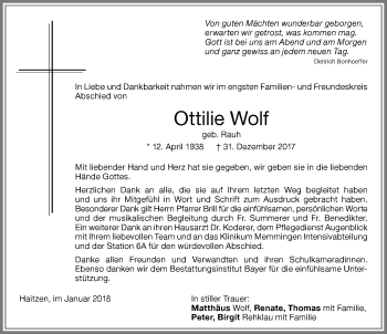 Traueranzeige von Ottilie Wolf von Memminger Zeitung