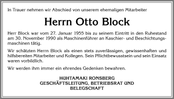 Traueranzeige von Otto Block von Allgäuer Zeitung, Marktoberdorf