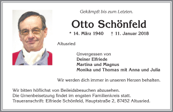 Traueranzeige von Otto Schönfeld von Allgäuer Zeitung,Kempten