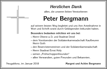 Traueranzeige von Peter Bergmann von Allgäuer Zeitung, Kaufbeuren/Buchloe