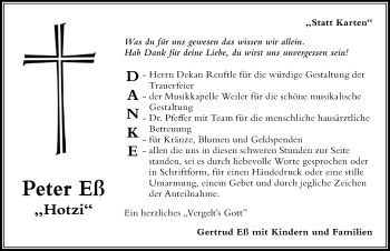 Traueranzeige von Peter Eß von Der Westallgäuer