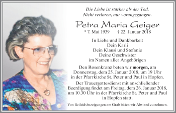 Traueranzeige von Petra Maria Geiger von Allgäuer Zeitung, Füssen