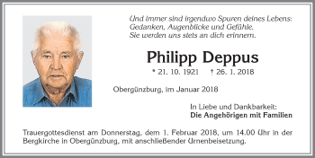 Traueranzeige von Philipp Deppus von Allgäuer Zeitung, Marktoberdorf