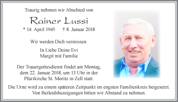 Traueranzeige von Rainer Lussi von Allgäuer Zeitung, Füssen
