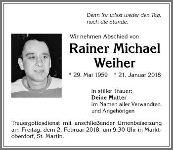 Traueranzeige von Rainer Michael Weiher von Allgäuer Zeitung, Marktoberdorf