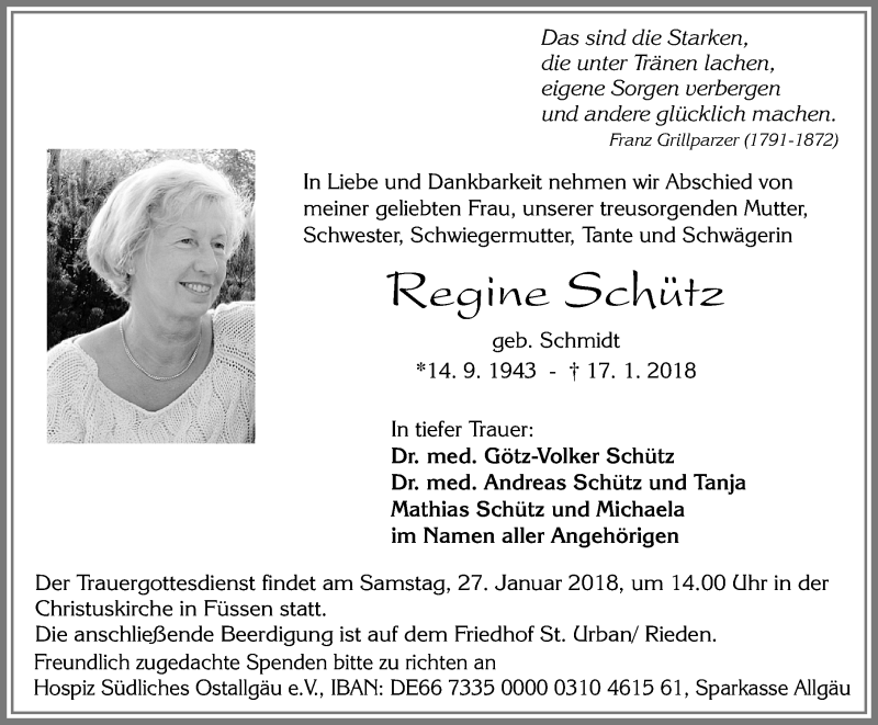  Traueranzeige für Regine Schütz vom 23.01.2018 aus Allgäuer Zeitung, Füssen