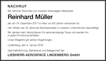 Traueranzeige von Reinhard Müller von Der Westallgäuer