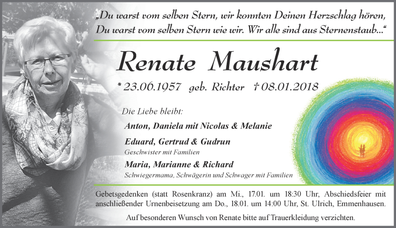  Traueranzeige für Renate Maushart vom 15.01.2018 aus Allgäuer Zeitung
