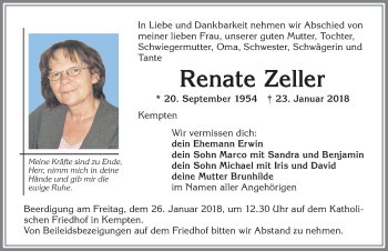 Traueranzeige von Renate Zeller von Allgäuer Zeitung,Kempten