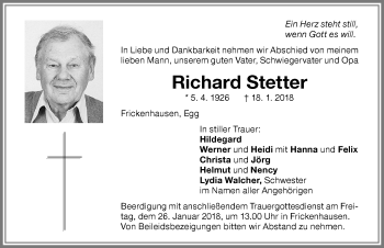 Traueranzeige von Richard Stetter von Memminger Zeitung