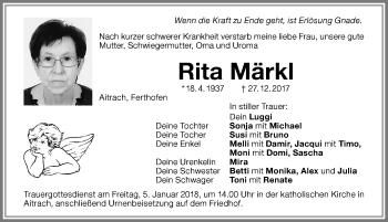 Traueranzeige von Rita Märkl von Memminger Zeitung