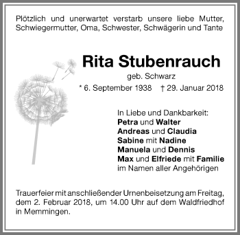 Traueranzeige von Rita Stubenrauch von Memminger Zeitung