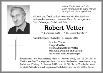Traueranzeige von Robert Vetter von Allgäuer Zeitung, Marktoberdorf