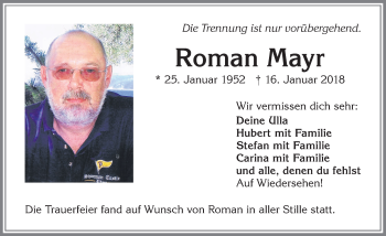Traueranzeige von Roman Mayr von Allgäuer Zeitung,Kempten