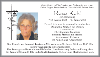 Traueranzeige von Rosa Kohl von Allgäuer Zeitung, Marktoberdorf