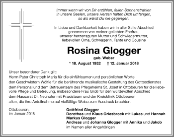 Traueranzeige von Rosina Glogger von Memminger Zeitung