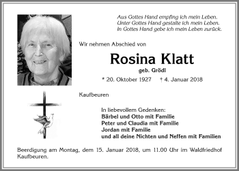 Traueranzeige von Rosina Klatt von Allgäuer Zeitung, Kaufbeuren/Buchloe