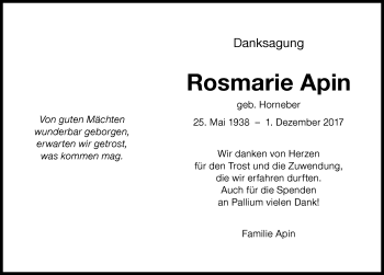 Traueranzeige von Rosmarie Apin von Memminger Zeitung