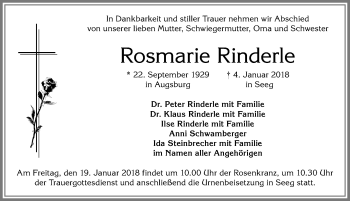 Traueranzeige von Rosmarie Rinderle von Allgäuer Zeitung, Füssen