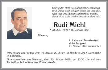 Traueranzeige von Rudi Michl von Allgäuer Zeitung,Kempten