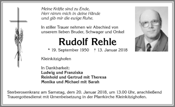 Traueranzeige von Rudolf Rehle von Allgäuer Zeitung, Kaufbeuren/Buchloe