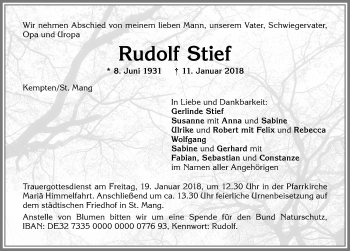 Traueranzeige von Rudolf Stief von Allgäuer Zeitung,Kempten