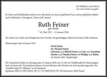 Traueranzeige von Ruth Feiner von Memminger Zeitung