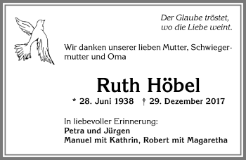 Traueranzeige von Ruth Höbel von Allgäuer Zeitung, Kaufbeuren/Buchloe