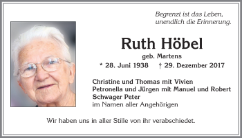 Traueranzeige von Ruth Höbel von Allgäuer Zeitung, Kaufbeuren/Buchloe