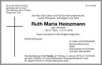 Traueranzeige von Ruth Maria Heinzmann von Memminger Zeitung