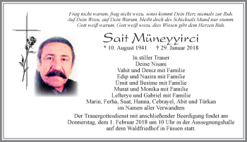 Traueranzeige von Sait Müneyyirci von Allgäuer Zeitung, Füssen