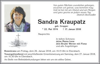 Traueranzeige von Sandra Kraupatz von Allgäuer Zeitung, Marktoberdorf