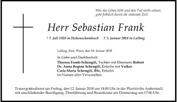 Traueranzeige von Sebastian Frank von Der Westallgäuer