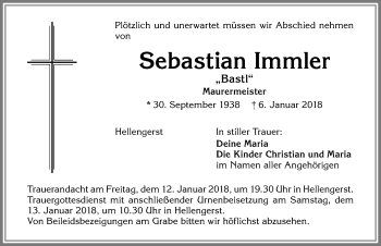 Traueranzeige von Sebastian Immler von Allgäuer Zeitung,Kempten