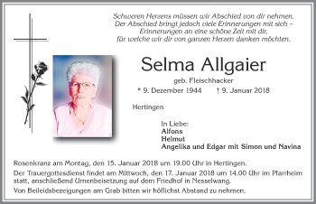 Traueranzeige von Selma Allgaier von Allgäuer Zeitung, Füssen