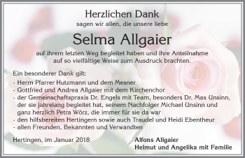 Traueranzeige von Selma Allgaier von Allgäuer Zeitung, Füssen