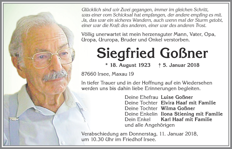  Traueranzeige für Siegfried Goßner vom 09.01.2018 aus Allgäuer Zeitung, Kaufbeuren/Buchloe