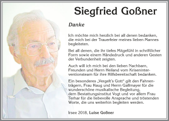 Traueranzeige von Siegfried Goßner von Allgäuer Zeitung, Kaufbeuren/Buchloe