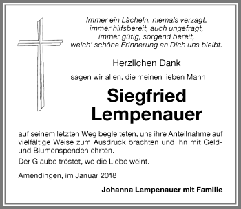 Traueranzeige von Siegfried Lempenauer von Memminger Zeitung