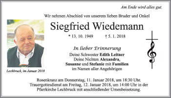 Traueranzeige von Siegfried Wiedemann von Allgäuer Zeitung, Füssen
