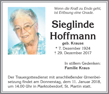 Traueranzeige von Sieglinde Hoffmann von Allgäuer Zeitung, Marktoberdorf
