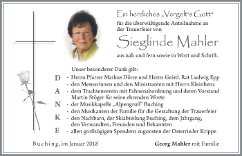 Traueranzeige von Sieglinde Mahler von Allgäuer Zeitung, Füssen