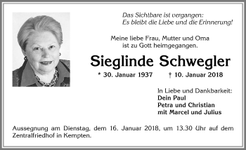 Traueranzeige von Sieglinde Schwegler von Allgäuer Zeitung,Kempten