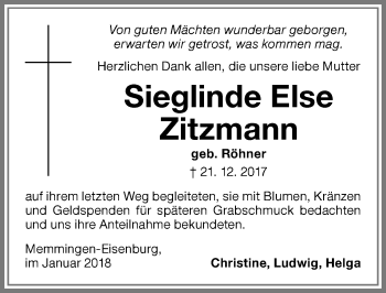 Traueranzeige von Sieglinde Else Zitzmann von Memminger Zeitung