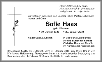 Traueranzeige von Sofie Haas von Allgäuer Zeitung,Kempten