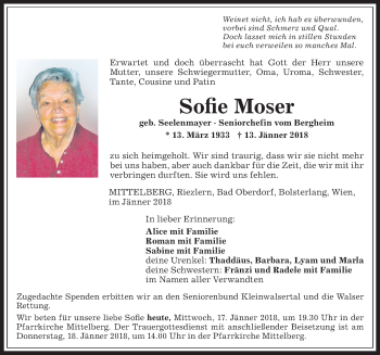 Traueranzeige von Sofie Moser von Allgäuer Anzeigeblatt