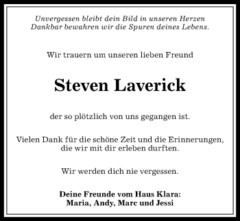 Traueranzeige von Steven Laverick von Allgäuer Anzeigeblatt